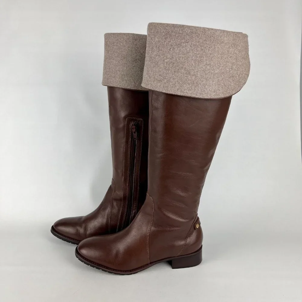 Talbots Womens Brown Leather Tall Over the Knee Boots Wool Cuff OTK size 6